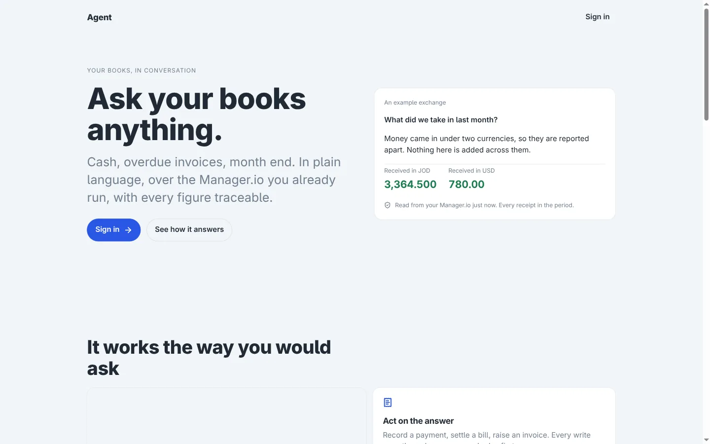 The accounting agent's home screen: ask your books anything